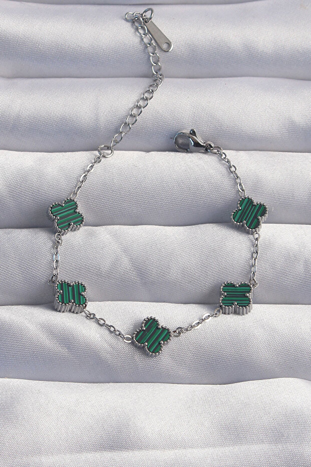 316L Steel Baby Boy Silver Color Striped Green Enamel Clover Bracelet -