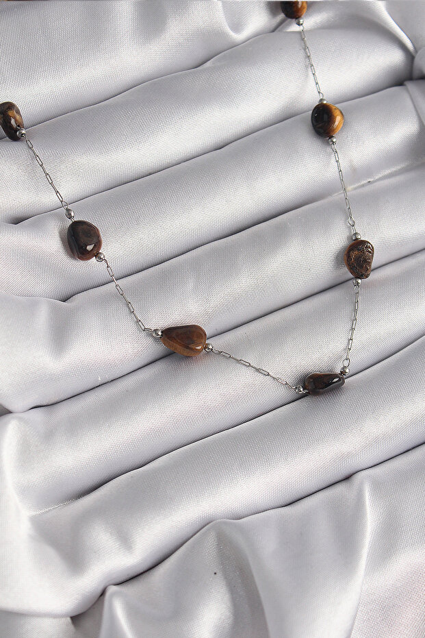 316L Steel Silver Color Chain Brown Natural Stone Model Women's Necklace -