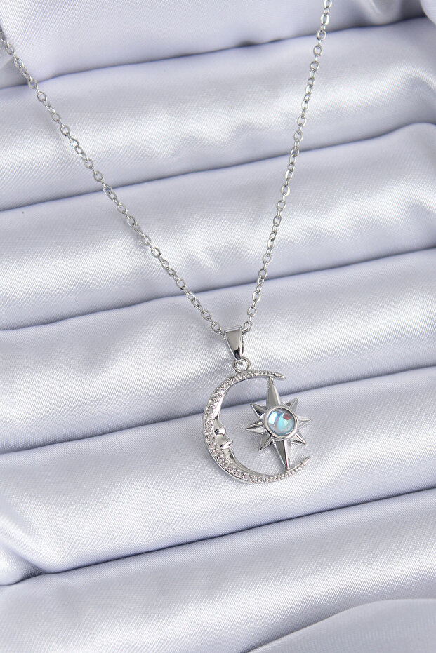 316L Steel Silver Color Zircon Stone Moon Star Model Women's Necklace -