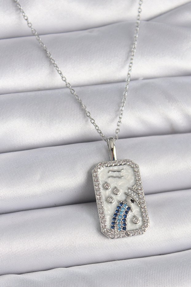 316L Steel Silver Color Chain Aquarius Zodiac Sign Zircon Stone Women's Necklace -