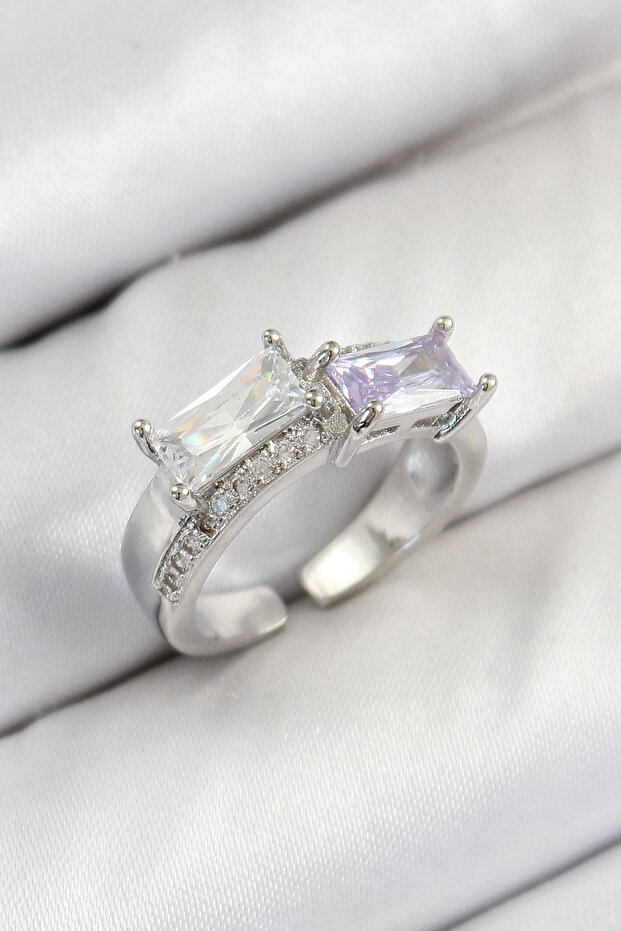 Brass Zircon Stone Rectangular Model Silver Color Women's Ring -
