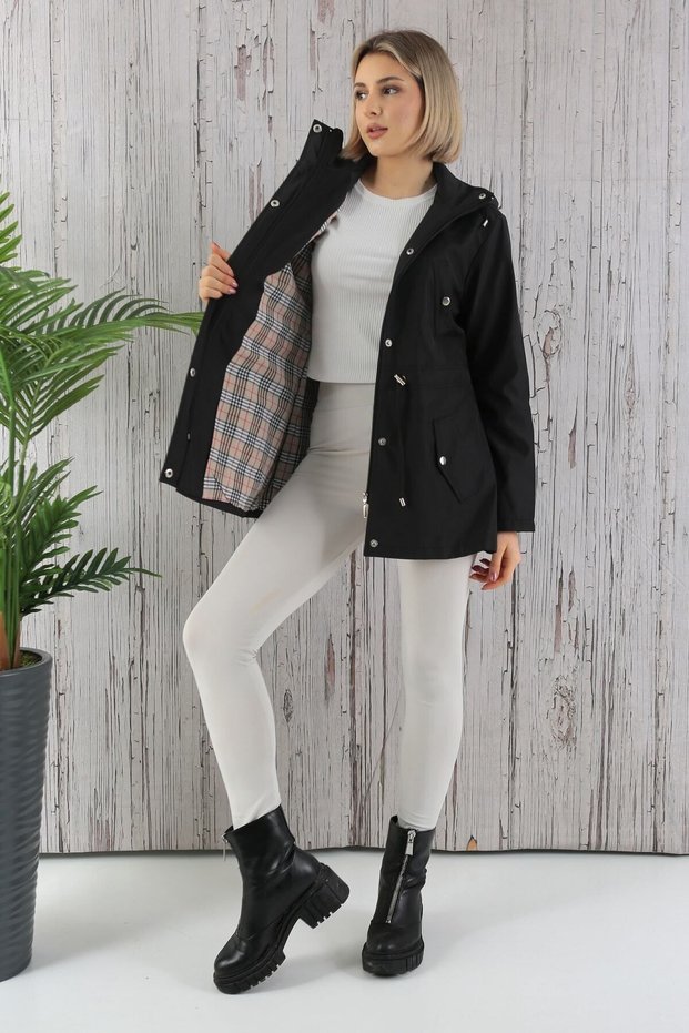 Women's Water-Resistant Trench Coat Hooded Plaid Black Trench Coat Bonded Fabric Trench Coat