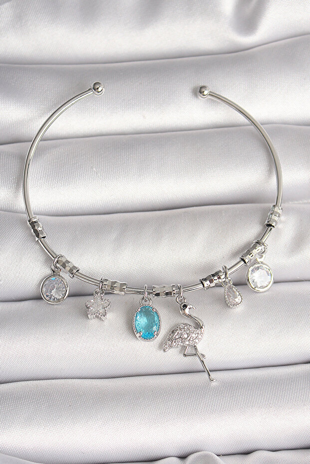 Brass Silver Color Dangle Zircon Stone Filaminga Figure Charm Women's Bracelet -