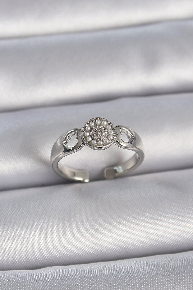 Brass Silver Color Zircon Stone Pearl Heart Engraved Detail Adjustable Model Women's Ring -
