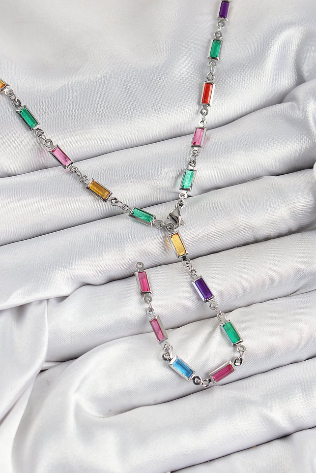 Brass Colored Zircon Stone Rectangular Model Silver Color Women's Y Necklace -