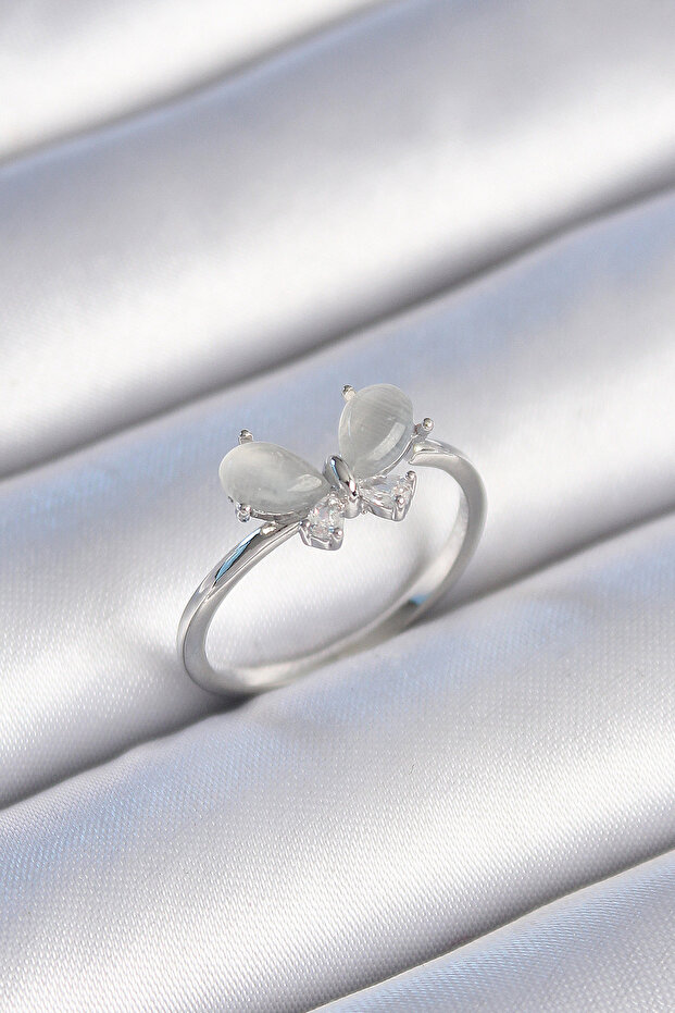 Brass Silver Color Zircon Stone White Enamel Butterfly Model Women's Ring -