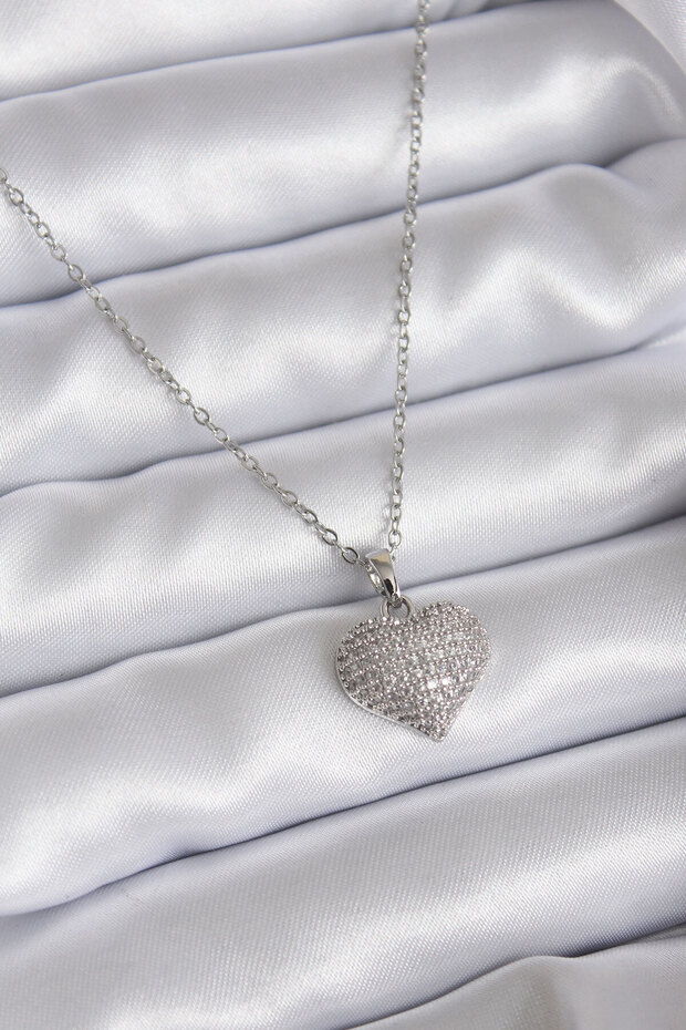 316L Steel Chain Silver Color Zircon Stone Detail Heart Model Women's Necklace -