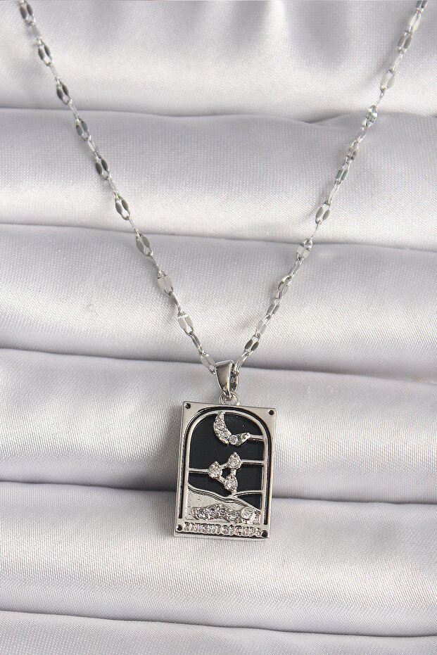 316L Steel Silver Color Zircon Stone Moon Figured Taror Model Women's Necklace -