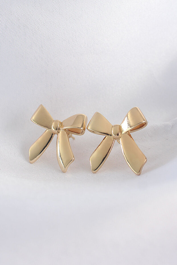 Brass Gold Color Flat Plate Bow Earrings -