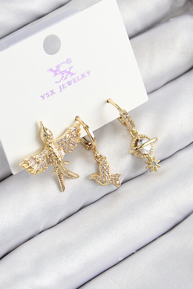 Brass Zircon Stone 3-Piece Bird Model Gold Color Women's Earrings -