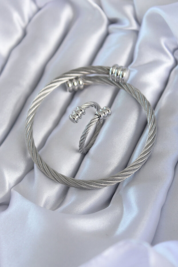 316L Steel Silver Color Coiled Model Men's Bracelet Ring Combination -