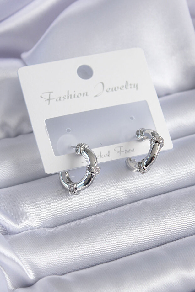 Silver Color Zircon Stone Hoop Model Brass Women's Earrings -