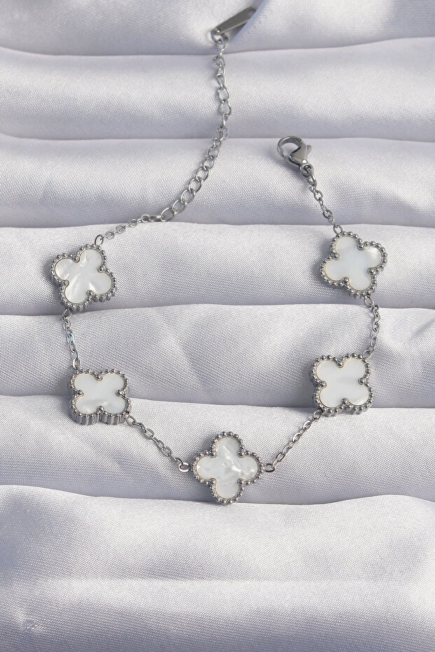 316L Steel Silver Color White Pearlescent Clover Bracelet -