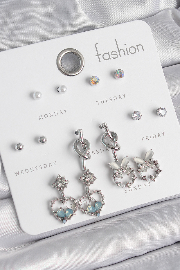 Brass Silver Color Dangle Zircon Stone Heart Model Knot Detail 7 Pairs Women's Earring Set -