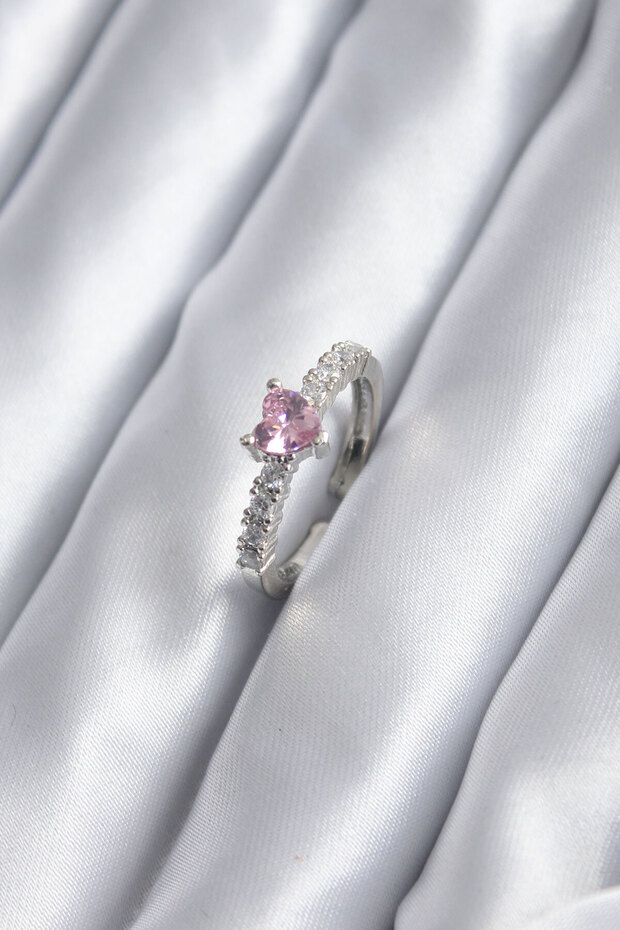 Silver Color Zircon Stone Pink Crystal Heart Model Women's Ring -