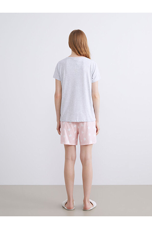 Pembe Yıldız Desenli Kadın Şortlu Pijama Takımı - 5