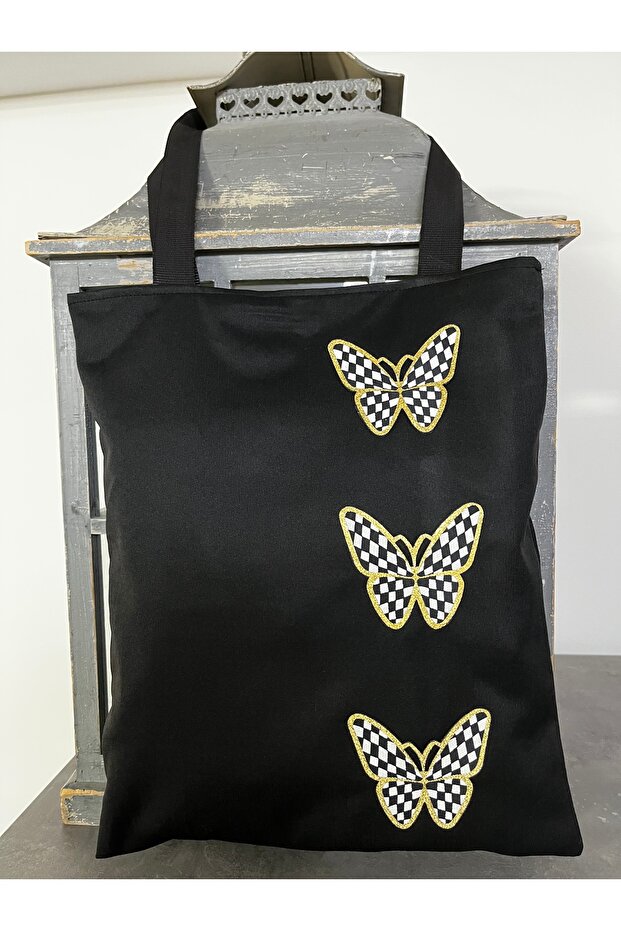 Black Canvas Bag Mackenzie Pattern Butterfly Shoulder Bag