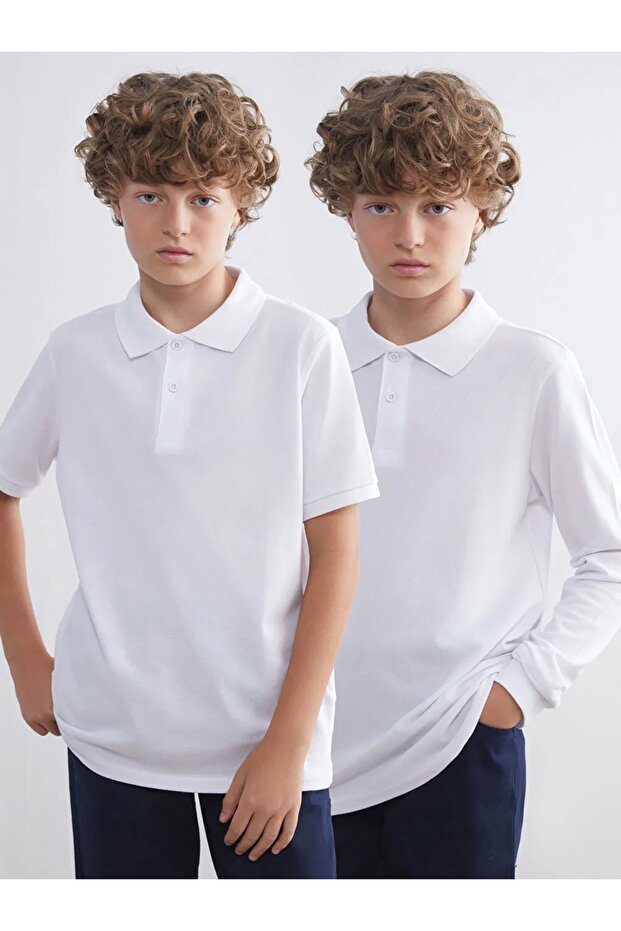 Kids White Polo Neck 100% Cotton Basic Boys T-Shirt 2-Piece Set