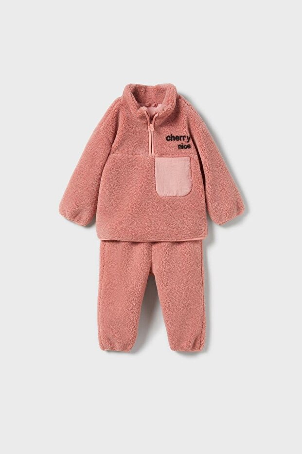Girl's fleece-lined tracksuit set with zippered pockets - pink (2-piece)