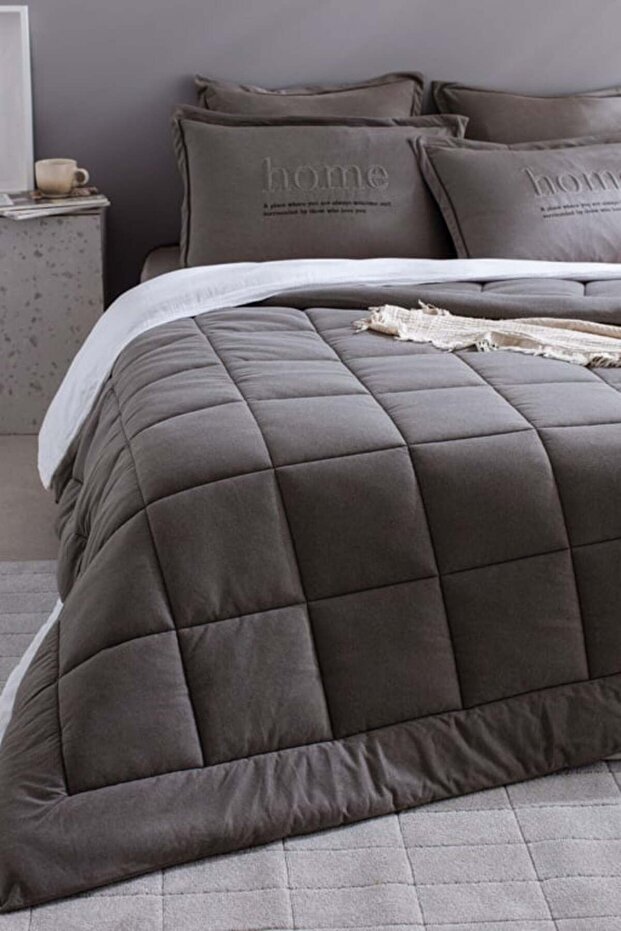 Yeni Sezon Bobigny Çift Kişilik Pamuklu SuperSoft Comforter Set - Antrasit - ANTRASİT - 3