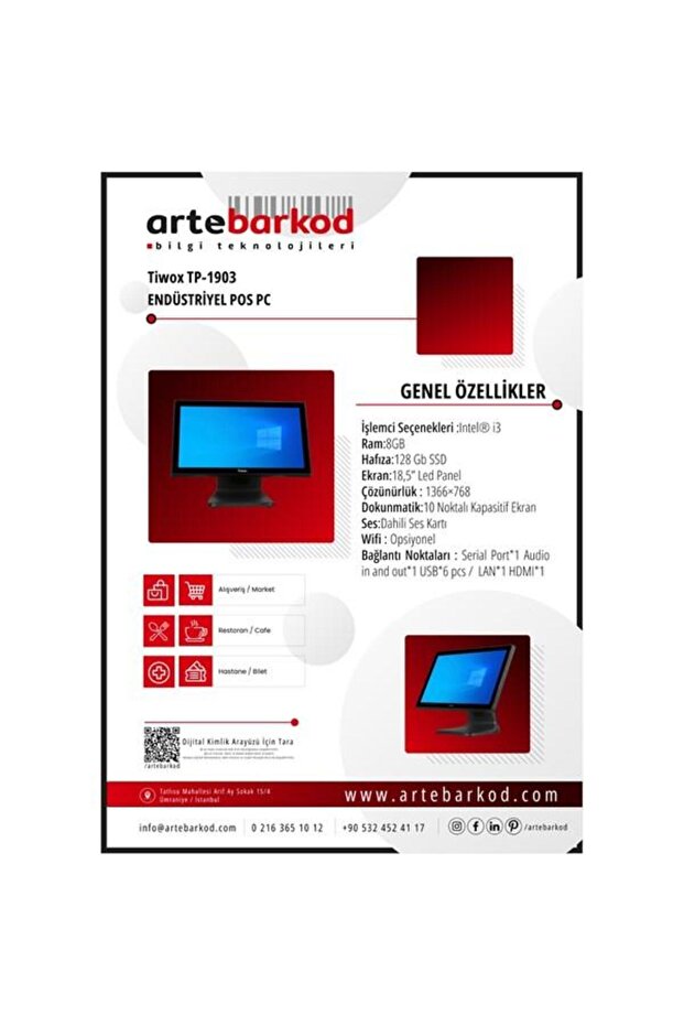 18.5" Dokunmatik TP-1903 CORE i3 3. Nesil 8GB RAM- 128GB SSD- FDOS- POS PC - 1