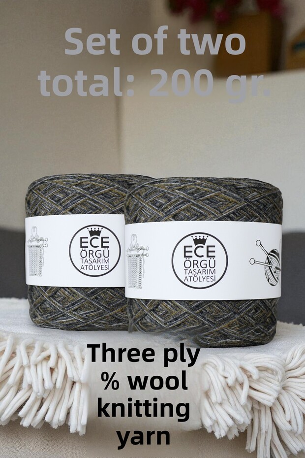 3-Ply 100% Wool Knitting Yarn in Khaki, Grey and Anthracite Colors (200 Gr.)