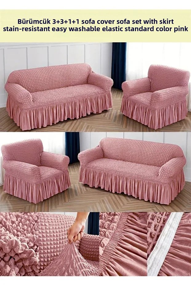 Crepe Cotton Sofa and Couch Cover Set with Elastic Skirt Sofa and Couch Cover 3+3+1+1 Standard