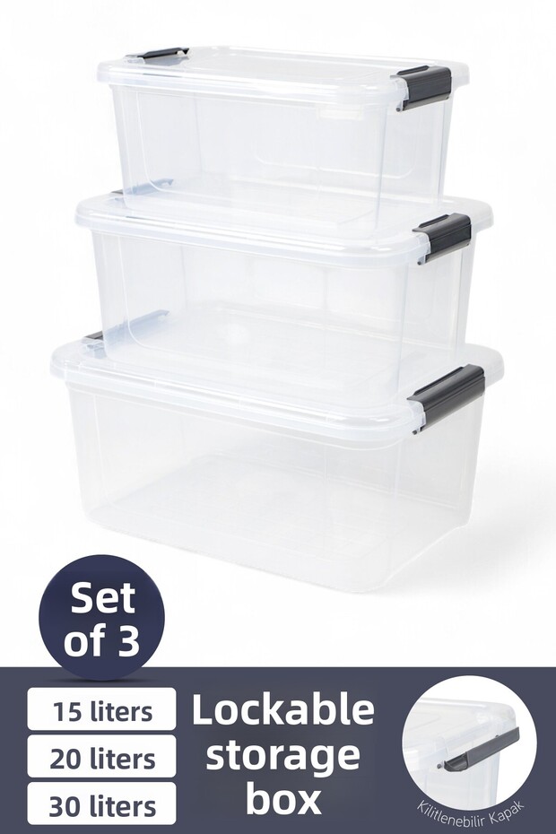 3-Piece Storage Container Horizontal Rectangular with Locking Lid Multi-Purpose Toy Storage Box 15-20-30 Liters - 1