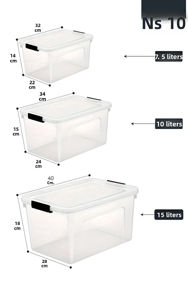 3-Pack Storage Container Horizontal Rectangular with Locking Lid Multi-Purpose Toy Storage Box 7.5-10-15 Liters - 7