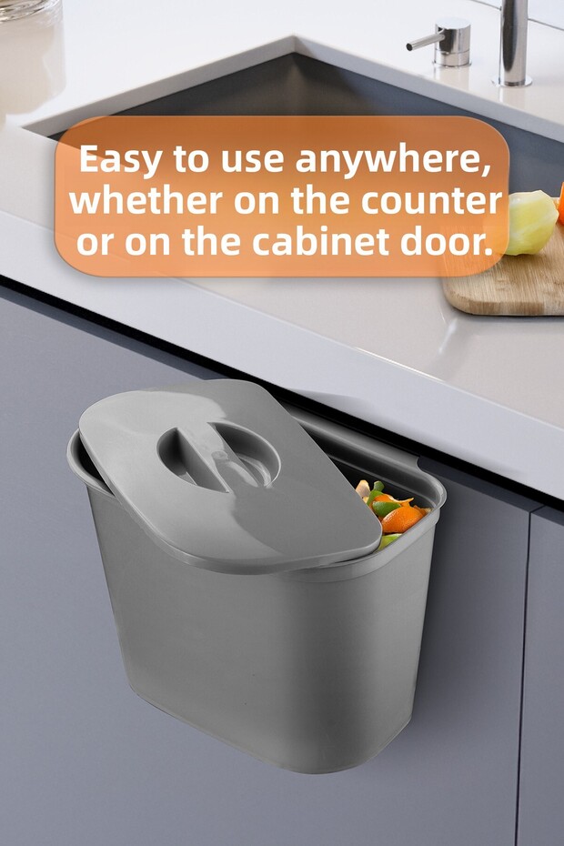 Functional Trash Can with Strap 6L - Can Be Hung on Cabinet Door Practical under Counter Trash Bin Gray - 2