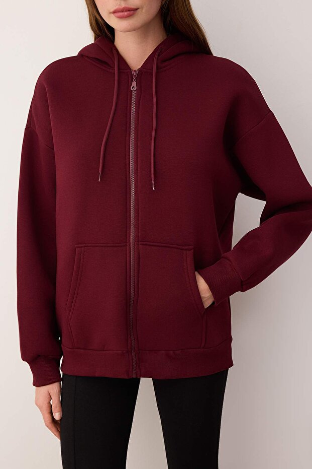 Bordo Oversize/Rahat Kesim Fermuarlı Kalın İçi Polarlı Örme Sweatshirt TWOAW24SW00188 - 4