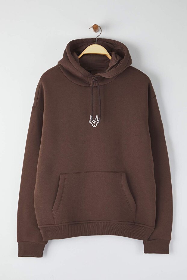 Koyu Kahverengi Oversize/Geniş Kesim Kapüşonlu İçi Polarlı Kaplan Nakışlı Sweatshirt TMNAW24SW00018 - 6