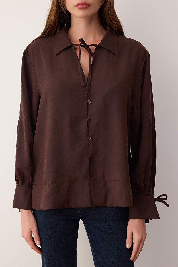 Sustainable Koyu Kahverengi Boho Modal Bağlama Detaylı Oversize Modal Gömlek TWOAW26GO00080 - 7