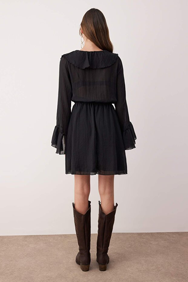 Siyah Fırfır Detaylı Boho Kısa / Mini Dokuma Elbise TWOAW26EL00172 - 4