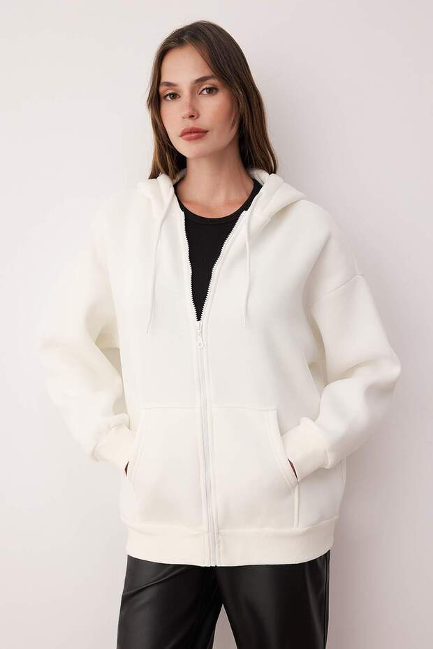 Ekru Oversize/Rahat Kesim Fermuarlı Kalın İçi Polarlı Örme Sweatshirt TWOAW24SW00188 - 2
