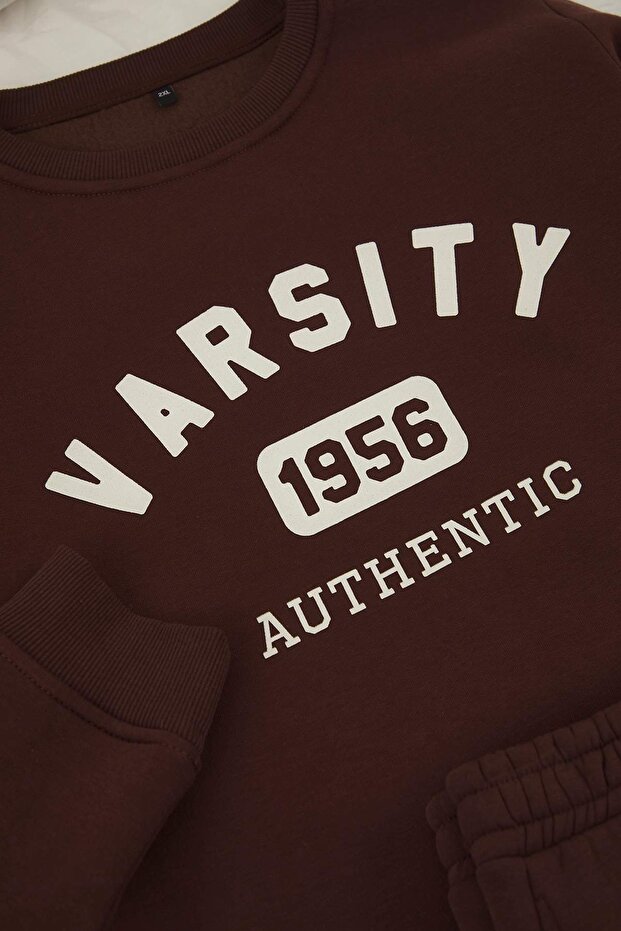 Brown Slogan Printed Regular Fit Fleece Inside Oversize Tracksuit Set Tbbaw26Ts00004 - 7