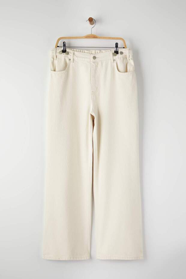 Ekru Beli Lastikli ve Ayarlanabilir Wide Leg Geniş Paça Büyük Beden Pantolon TBBAW26AR00018 - 6
