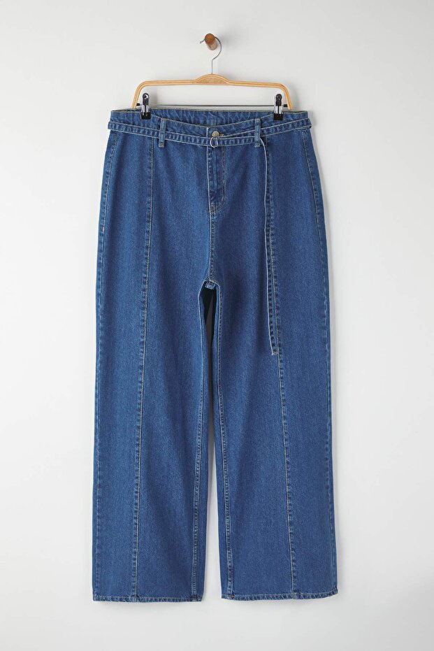 Mavi Yüksek Bel Kemerli Geniş Paça Denim Büyük Beden Jeans TBBAW26CJ00031 - 5