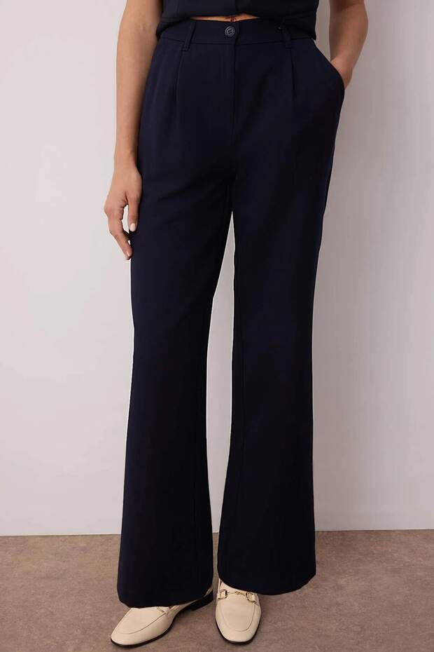 Koyu Lacivert Yüksek Bel Wide Leg/Geniş Paça Pilili Dokuma Kumaş Pantolon TWOAW21PL0076 - 4