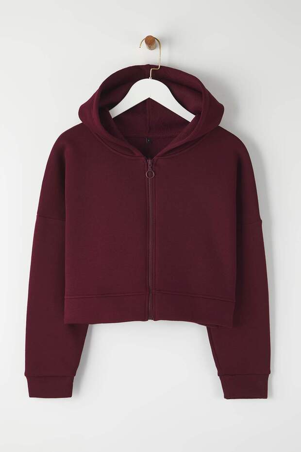 Bordo Fermuarlı Kapüşonlu Rahat Kesim Crop Kalın İçi Polarlı Örme Sweatshirt TWOAW20SW0660 - 5
