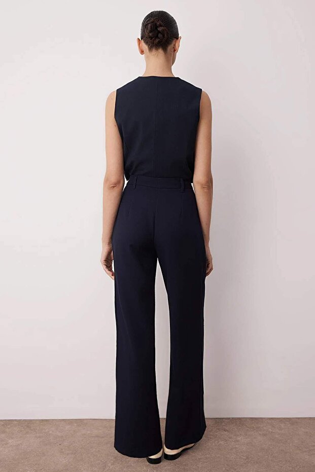 Koyu Lacivert Yüksek Bel Wide Leg/Geniş Paça Pilili Dokuma Kumaş Pantolon TWOAW21PL0076 - 5