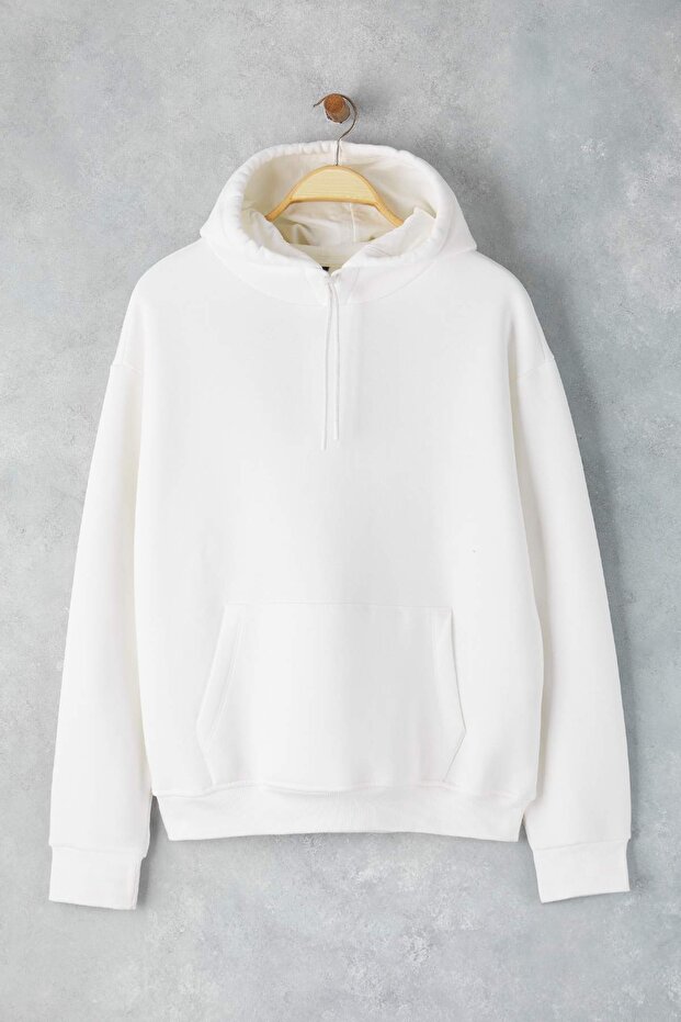 Ekru Basic Oversize/Geniş Kesim Kapüşonlu İçi Polar/Sıcak Tutan Sweatshirt TMNAW21SW2005 - 5