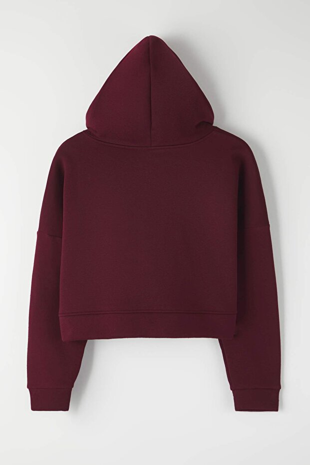 Bordo Fermuarlı Kapüşonlu Rahat Kesim Crop Kalın İçi Polarlı Örme Sweatshirt TWOAW20SW0660 - 6