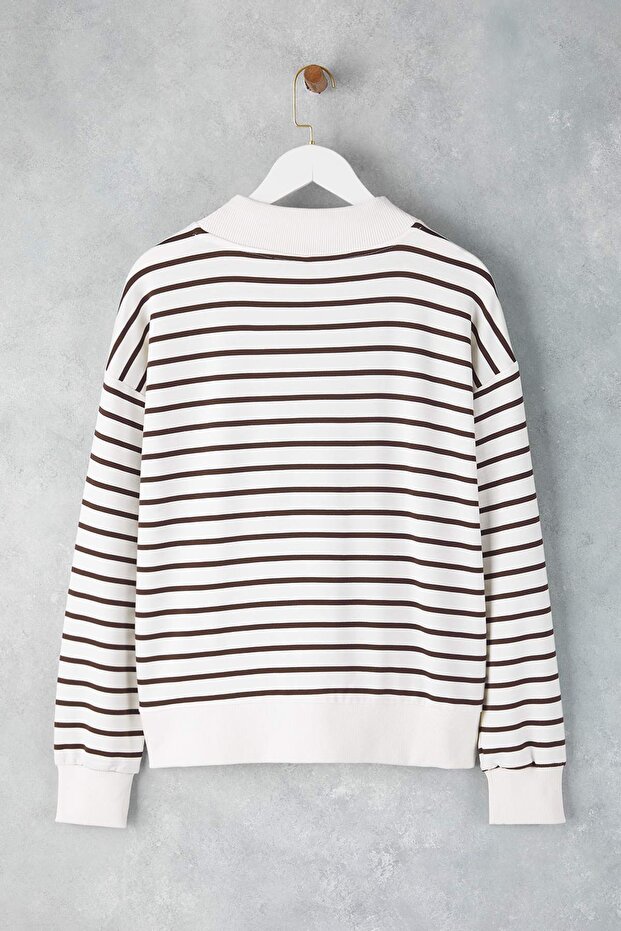 Kahverengi Çizgili Oversize/Geniş Kalıp Örme Sweatshirt TWOAW26SW00102 - 6