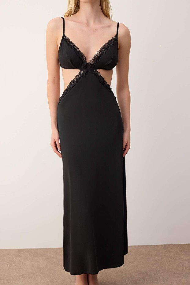 Siyah Pencere/Cut Out ve Dantel Detaylı Kapsız Babydoll/Fantezi Gecelik THMAW26LL00004 - 3