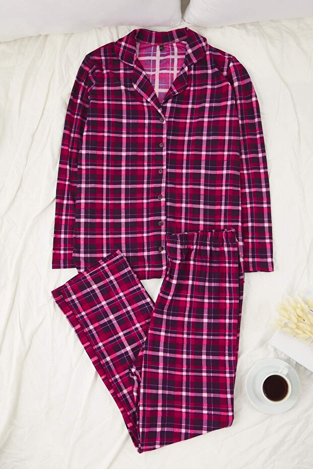 Bordo Ekoseli Gömlek Yaka Yumuşak Tuşe Örme Pijama Takımı TBBAW24AI00033 - 2