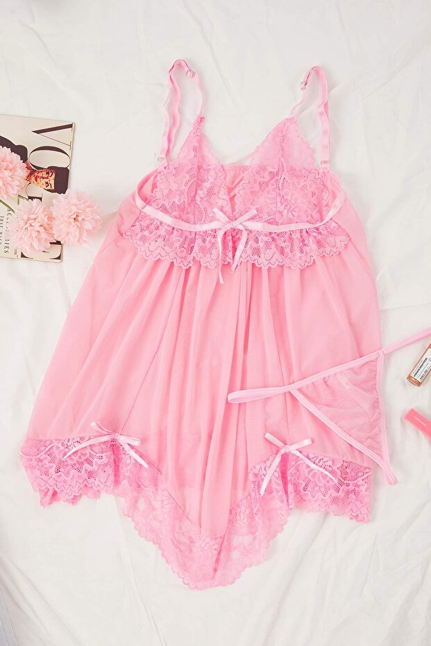 Pembe Tül Kurdele/Fiyonk ve Dantel Detaylı Kapsız Külotlu Babydoll/Fantezi Gecelik THMAW26LL00007 - 6