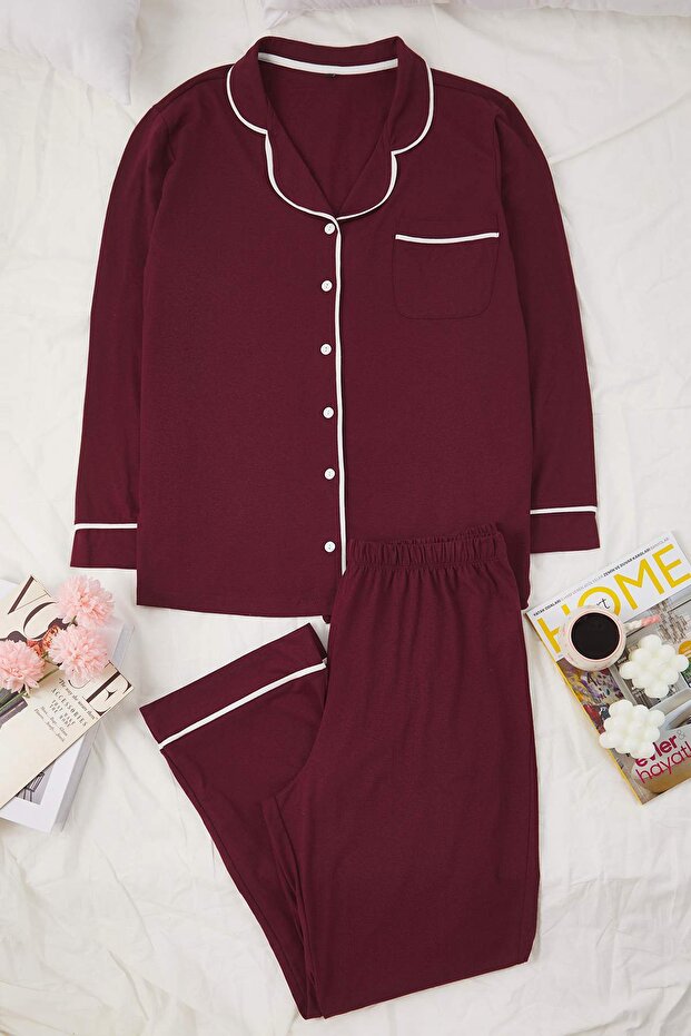 Bordo Biye Detaylı Gömlek Yaka Örme Pijama Takımı TBBAW26AI00032 - 3