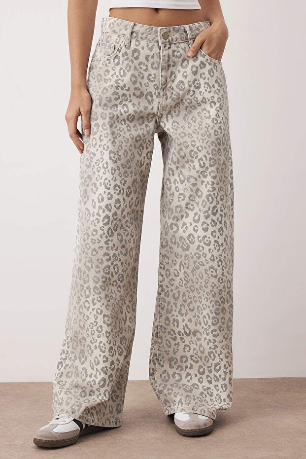 Çok Renkli Normal Bel Leopar Desenli Wide Leg %100 Pamuk Non-Stretch Jeans TWOAW26JE00024 - 3