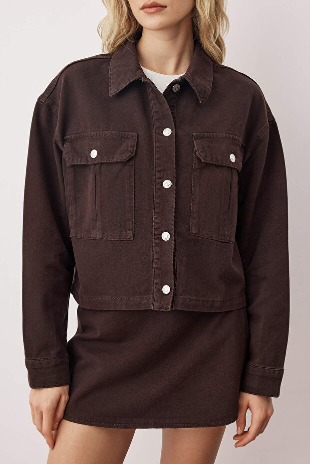 Kahverengi Cep Detaylı Regular Denim Ceket TWOAW26CE00038 - 3